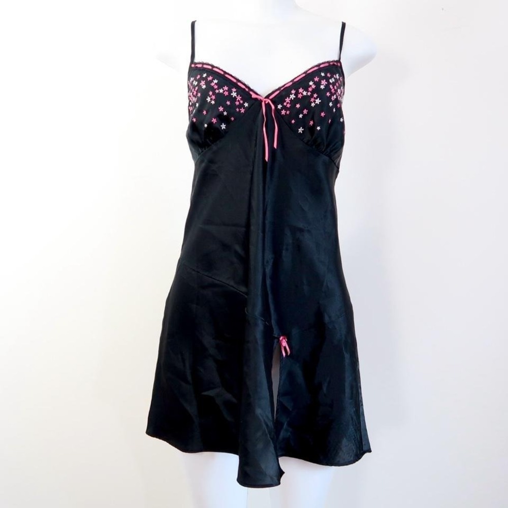 y2k black satin slip dress star embroidery chemise